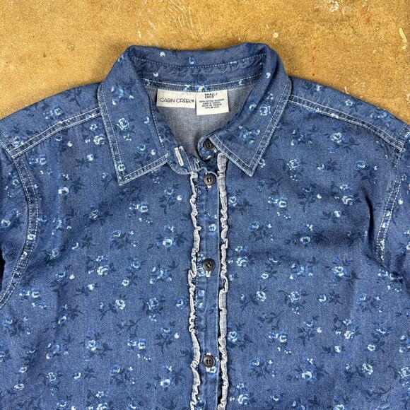 Vintage Cabin Creek Women’s Denim Floral Button Up Blue Ruffle‎ Cottagecore S - Picture 2 of 9